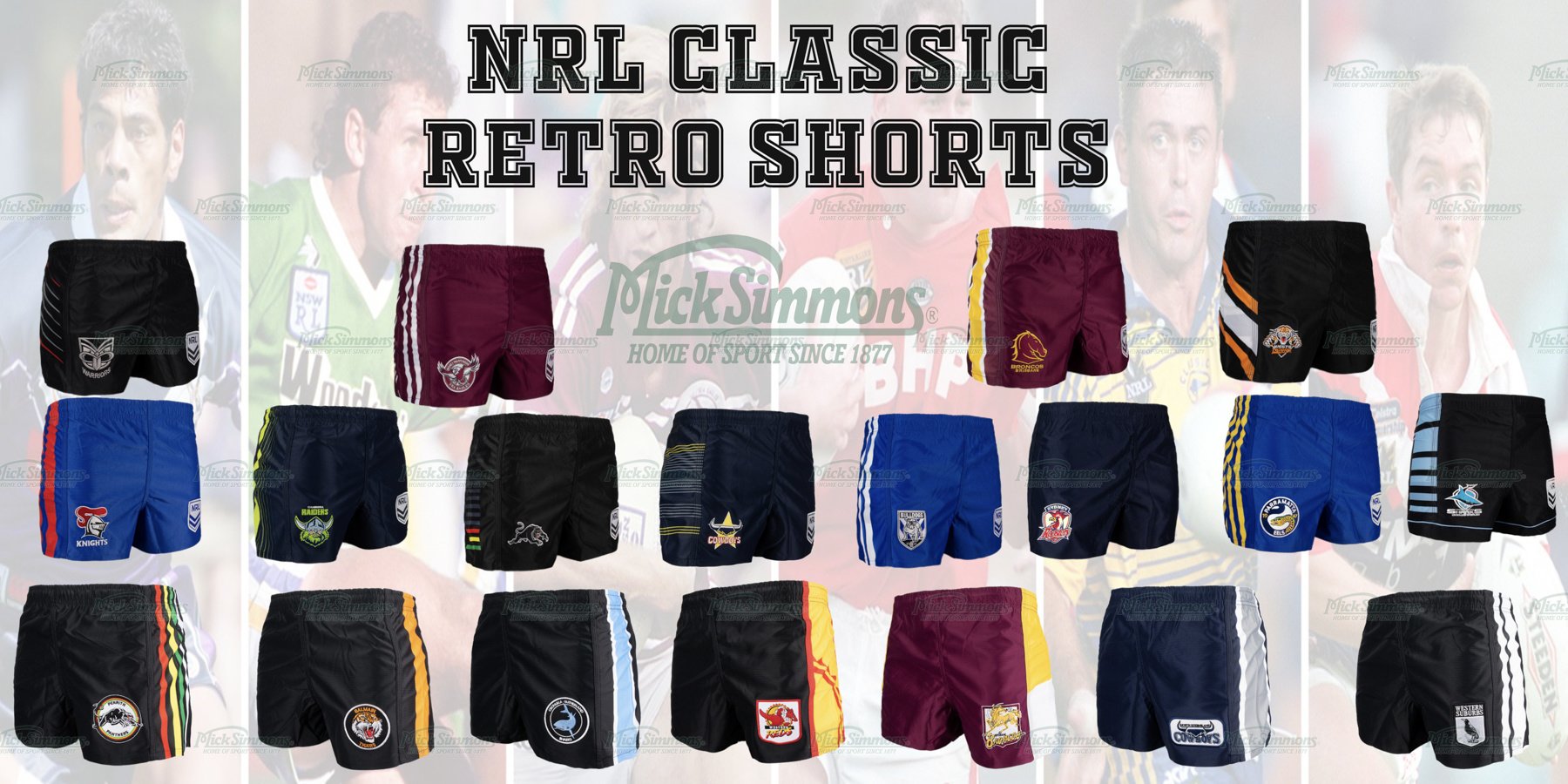 NRL Classic Retro & Supporter Shorts Mick Simmons Sport