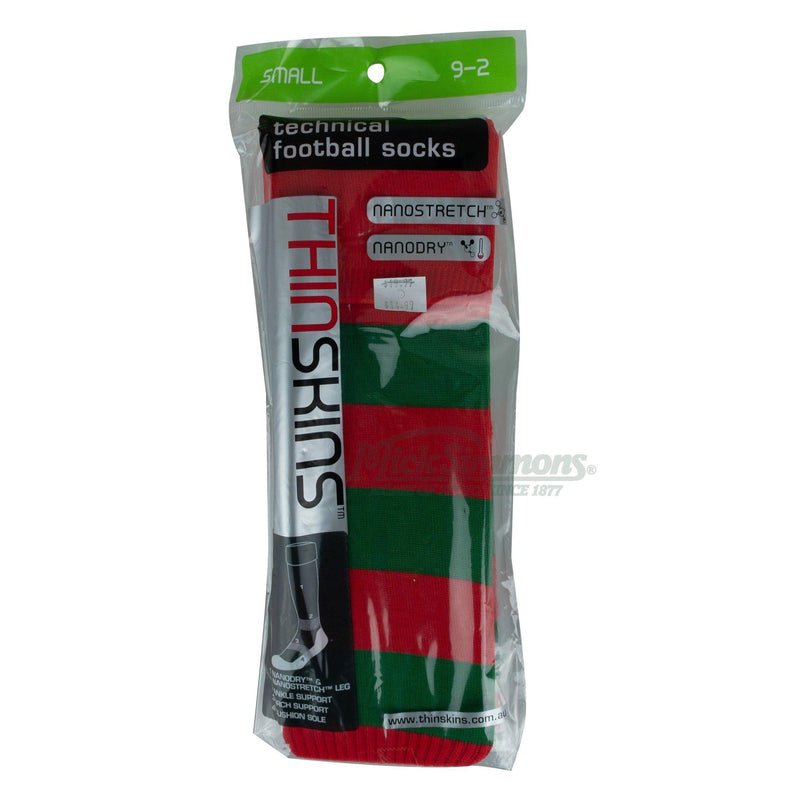 Thin Skins Football Socks - Red with Green Hoops Thinskins - new