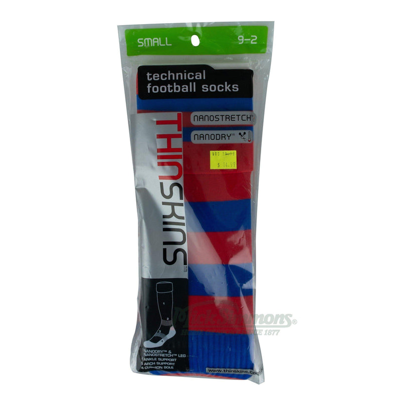 Thin Skins Football Socks - Red with Royal Blue Hoops / 2 Royal Stripes Thinskins - new
