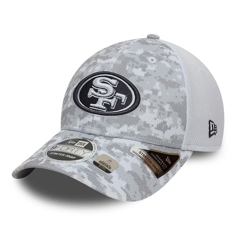 San Francisco 49ers 9FORTY Salute To Service NFL Stretch Snap Adjustable White Cap by New Era Mick Simmons Sport