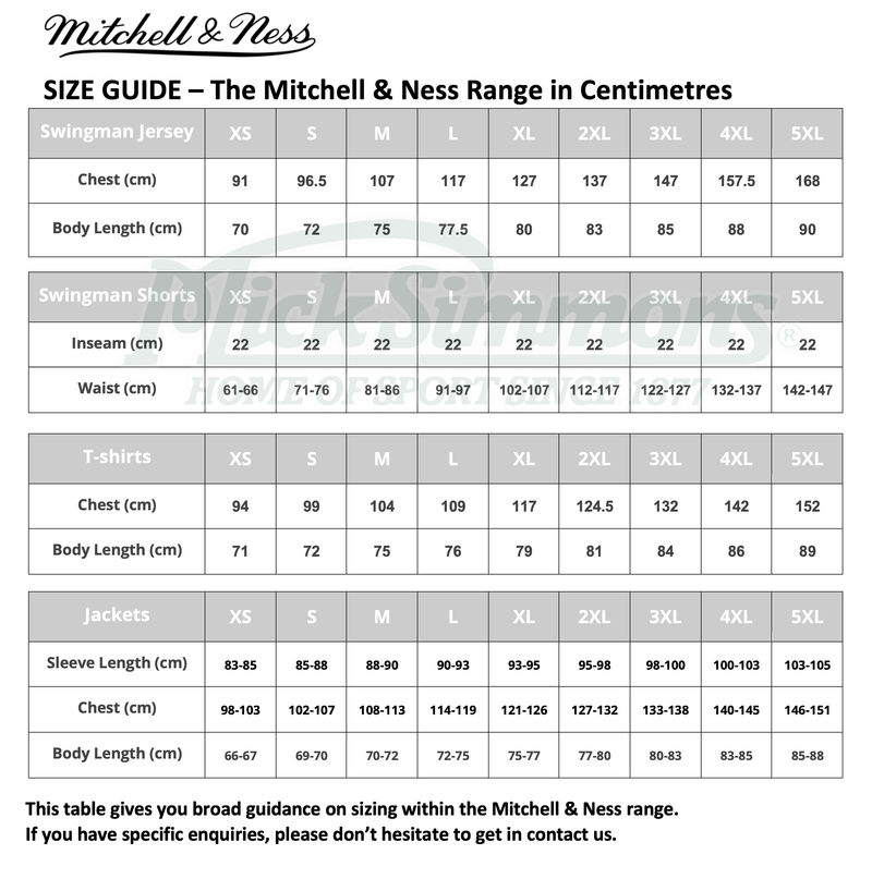 Hardwood classics shop size chart