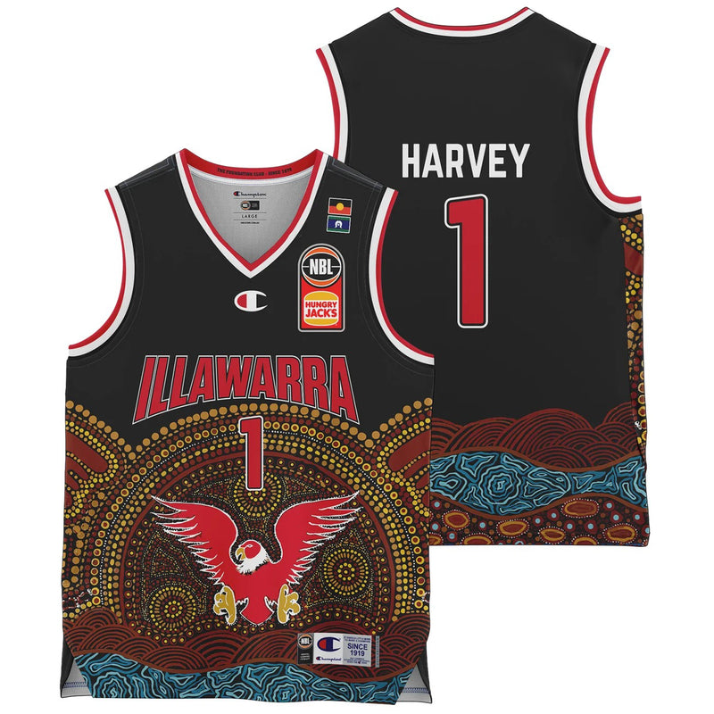 Illawarra Hawks 2022/23 Authentic Kids V Neck Indigenous Jersey - Tyler Harvey NBL Basketball by Champion - new