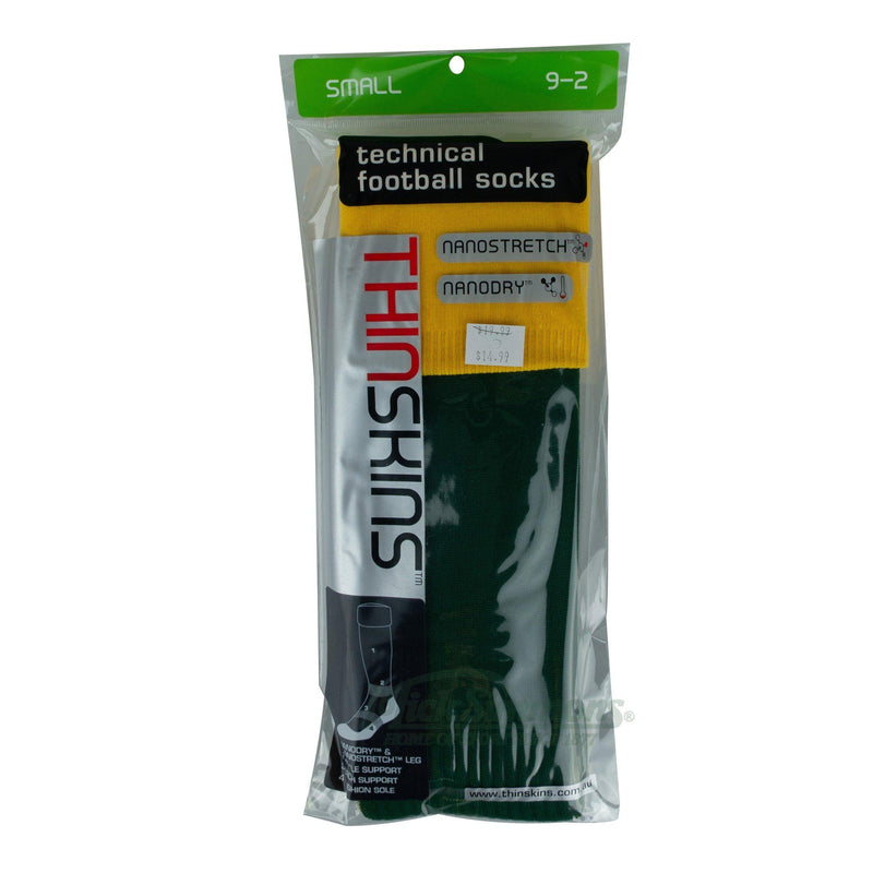 Thin Skins Football Socks - Bottle Green with Gold Top Thinskins - new